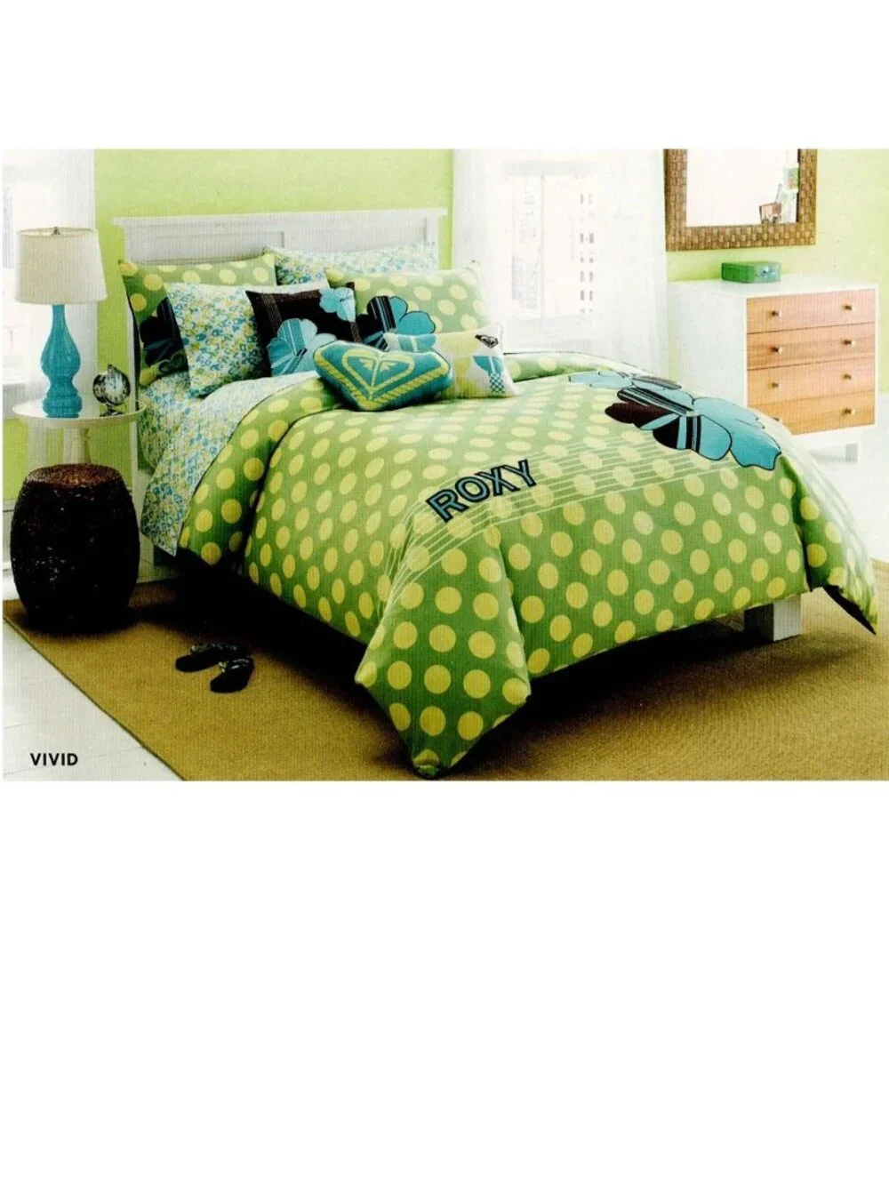TWIN sz duvet/comforter cover sham set~vtg Roxy vivid blue/green polka dot ~2 pc